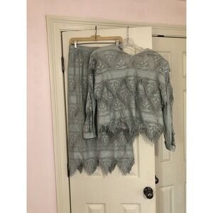 Vtg Damianou Size Medium 2PC Set Silver Metallic Crochet Lace Top Maxi Skirt
